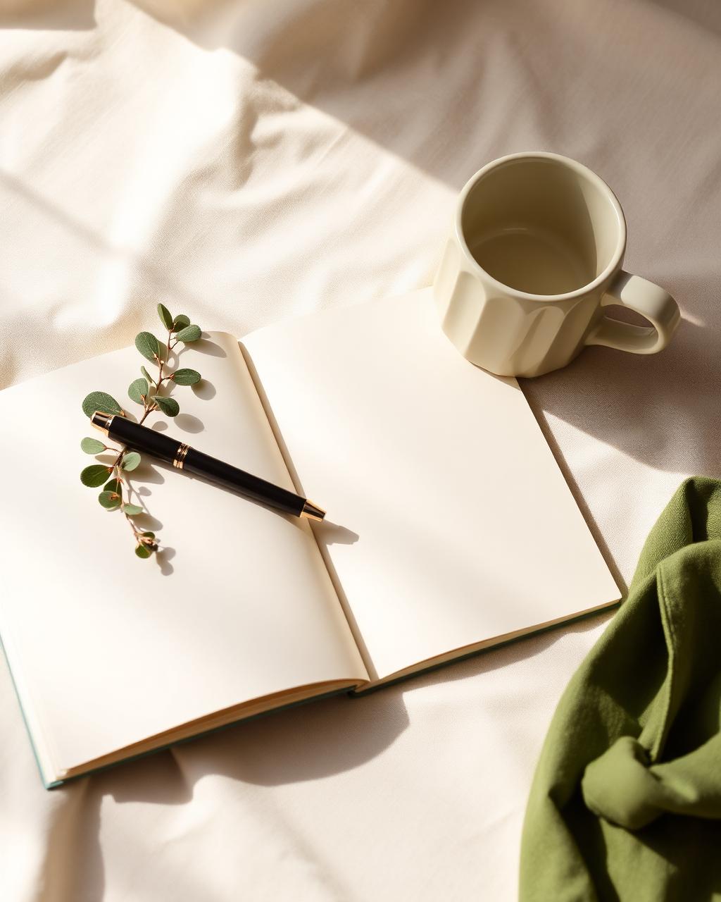 Notebook, pen and eucalyptus on linen